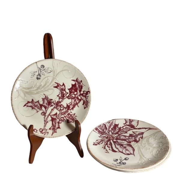 3 William Sonoma Winter Toile 2011 Salad Plates Holly Pomegranate & Poinsettia - Picture 1 of 9